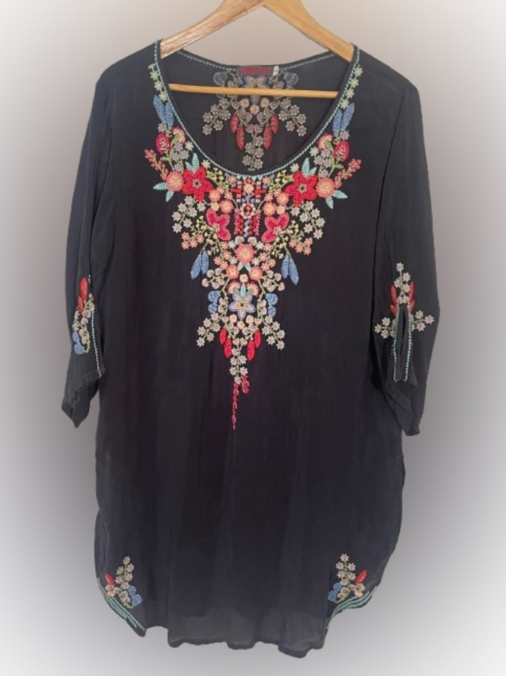 Johnny Was Embroidered Tunic Top - Black with Multicolor Floral Embroidery